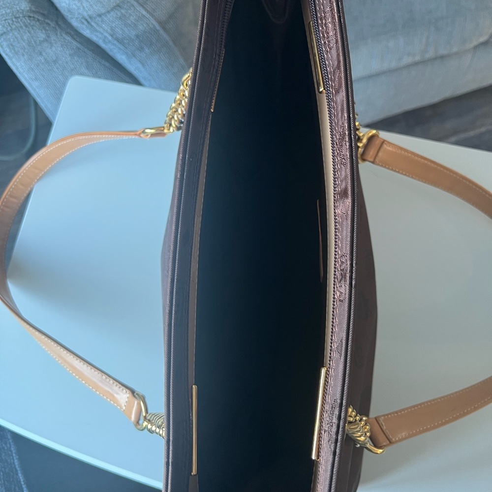 MCM Brown Monogram Tote with Gold Chain and Tan Leather Straps - Picture 8 of 15